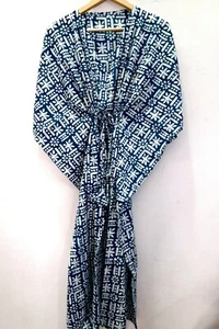 Blue Long Kaftan Maxi Dress Women Handmade Floral Cotton Dressing Gown Indian - Picture 1 of 6