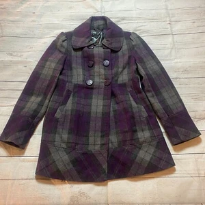 Guess Double Breasted Gray Purple Wool Pea Coat Jacket Buttons Women's Medium - Picture 1 of 11