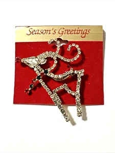 NEW Crystal Rhinestone REINDEER Christmas Brooch Rudolph Red Nose NOS 2 1/4" - Picture 1 of 7