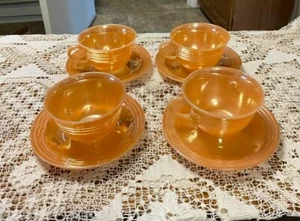 Four Vintage Cup & Saucer Sets Tri Band Peach Lustre Fire King - Picture 1 of 2