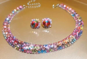 Colorful Pink RHINESTONE Choker Betsey Johnson Statement Necklace Earrings SET - Picture 1 of 8