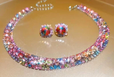 Colorful Pink RHINESTONE Choker Betsey Johnson Statement Necklace Earrings SET - Image 1 of 4