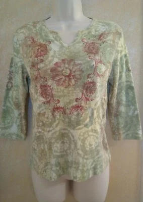 Чероки зеленый кремовое вино писать цветочный пейсли 3/4 рукав хлопок Топ блузка WM - Изображение 1 из 4