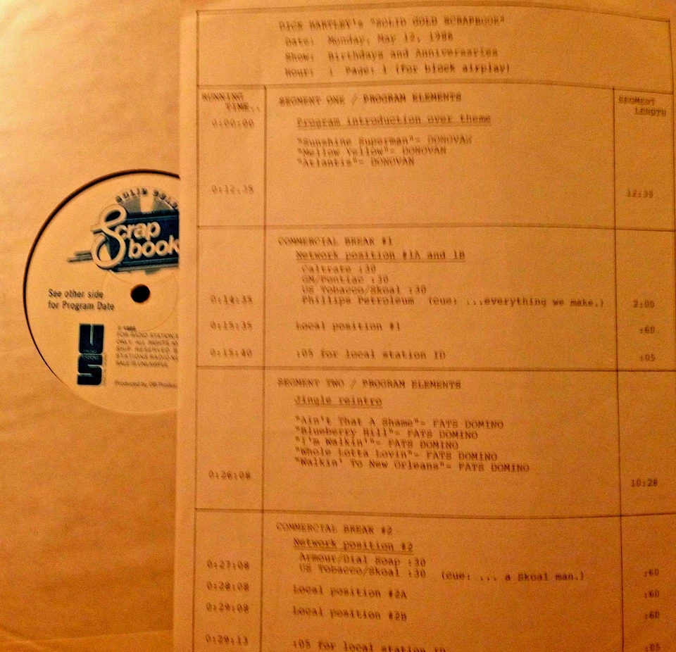 RADIO SHOW: 5/12/86 BIRTHDAYS! DONOVAN, FATS DOMINO, BOBBY DARIN,ANIMALS,WINWOOD - Image 1 of 1
