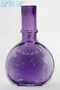 RARE tiny BANJO shape PURPLE antique PERFUME bottle w/pic STORK moon stars trees - Picture 1 of 3