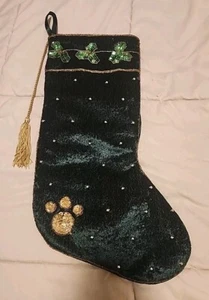Christmas Stocking Dark Green Velvet Gold Beads & Cording Pet Paw Print Lined - Picture 1 of 7