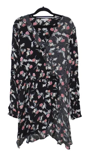 Miss Selfridge Black Floral V Neck Long Sleeve Ruffle Short Mock Wrap Dress 16 - Picture 1 of 9
