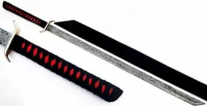 DAMASCUS STEEL JAPANESE KATAANA WARRIOR SWORD BLADE BRASS GUARD & LEATHER SCAB - Picture 1 of 5