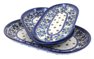 Blue Rose Polish Pottery Spring Blossom 3 Piece Oval Server Set - Picture 1 of 1