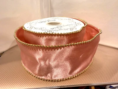 Designer Shapeable Wired Ribbon 2.5"wide Satin Nylon Pink Gold Beaded Edge 10yd - Image 1 of 4