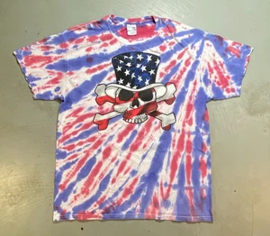 Camiseta vintage roja/blanca/azul teñida con corbata talla adulto calavera grande con sombrero de copa - Imagen 1 de 5