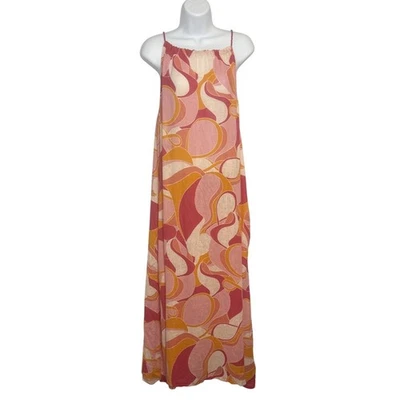 Rachel Zoe Maxi Dress XL Pink Orange Retro Print Linen Blend Pockets Vacation - Image 1 of 4