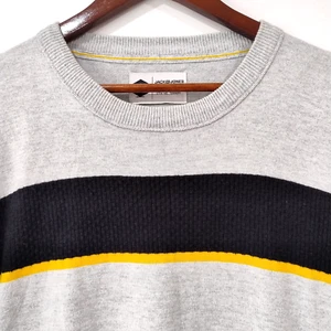 Jack & Jones Core Grey Cotton Jumper Men's Size L Black & Yellow Chest Stripe - Picture 1 of 9