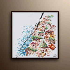 Italia collina di Positano 35", case sul fiume, paesaggio urbano olio su tela - Foto 1 di 4