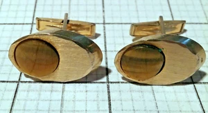 Vintage Retro Men's Cuff-links Cufflinks Round Tigers Eye On Gold Tone Oval - Picture 1 of 4