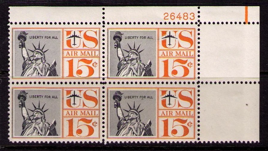 US USA Sc# C58 MNH FVF PLATE# BLOCK Statue of Liberty Torch Jet Plane - Image 1 of 1