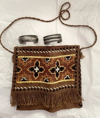 Souvenir Central Asia Handwoven Wool Crossbody Fringe Bag Metal Bracelets - Image 1 of 4