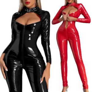 Womens Leather Bodysuit Long Sleeve Club Jumpsuit Zip Crotch Romper Lingerie - Picture 1 of 28