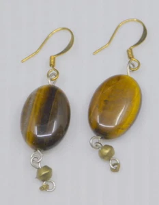 PIERCED HOOK EARRINGS WITH TIGER EYE BEAD DROPS, NICE JEWELRY - Picture 1 of 3