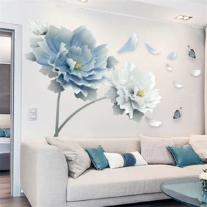 3D Wall Art Decals Mural Large White Blue Flowers Lotus Butterfly For Room Decor - Picture 1 of 8