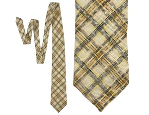 Vintage 1970s Plaid Acrylic Tie 1970s Woven Necktie | Cream/Charcoal Gray/Yellow - Picture 1 of 5