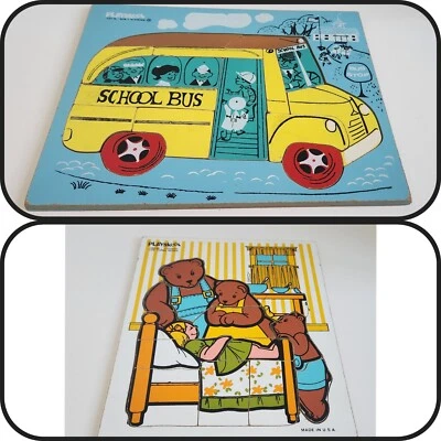 vintage playskool wooden puzzles Goldilocks & School Bus 1980s Made In The USA - Image 1 of 4