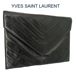 YVES SAINT LAURENT Clutch Bag V stitch Leather Black Authentic From Japan 0115 - Picture 1 of 20