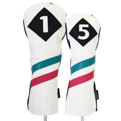 Majek Golf 1 & 5 Driver & Wood Headcover White w/ Teal Pink Stripe Leather Style - Image 1 of 4