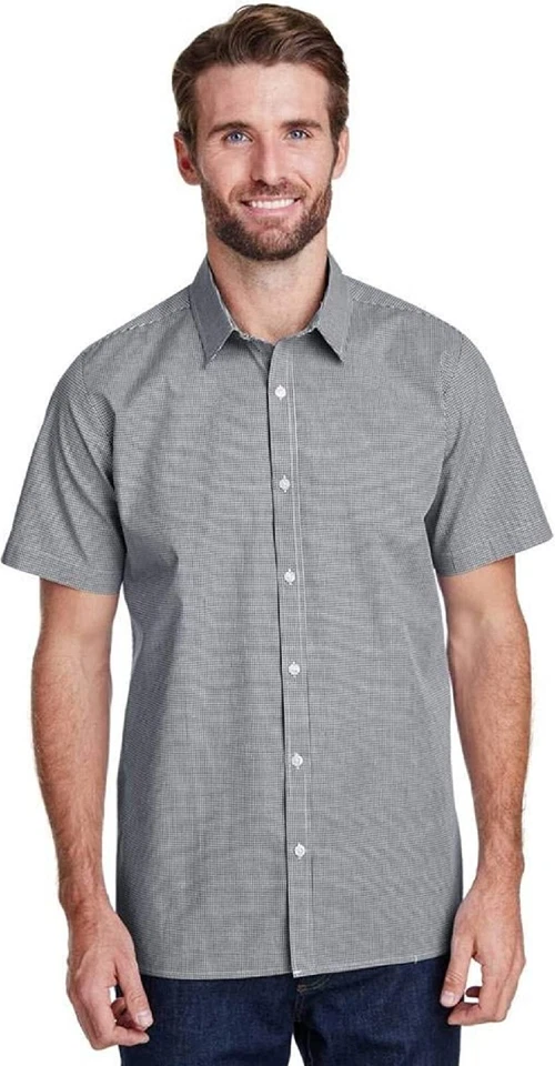 Camisa de algodón de manga corta de guinga a cuadros micro para hombre negra blanca L Foto 1 de 1