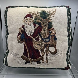 Vintage Tapestry Christmas Old World Santa Reindeer Toss Throw Pillow 16x16" - Picture 1 of 12