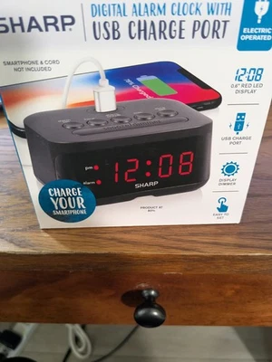 SHARP Digital Alarm Clock, Midnight Black, USB Charge Port, Red LED Display - Image 1 of 4