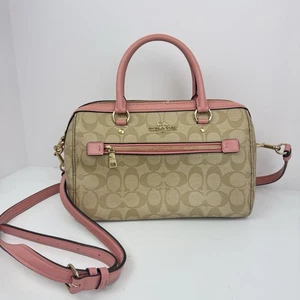 COACH Rowan Satchel Crossbody Khaki Bubblegum Pink Purse Bag Leather 83607 Rare - Picture 1 of 12