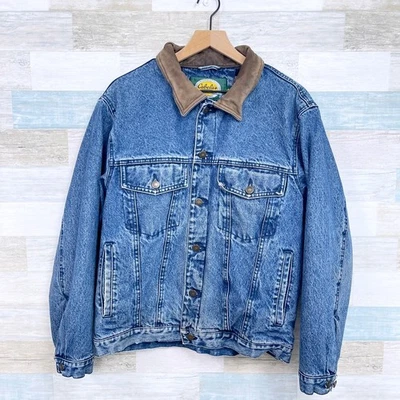 Cabelas Vintage Flannel Lined Jean Jacket Field Denim Leather Collar Mens Medium - Image 1 of 4