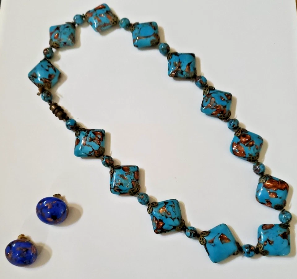 European Turquoise Glass Bead Necklace & Earrings Gorgeous Colors - Image 1 of 4