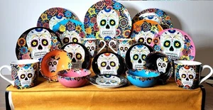 20 Pc Williams Sonoma Day of the Dead Sugar Skulls Porcelain Dinnerware Set New! - Picture 1 of 12