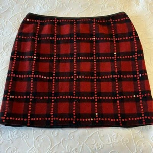 Nine West Plaid Mini Skirt Wool Blend Red Black Sequin Accents Size 14 - Picture 1 of 9