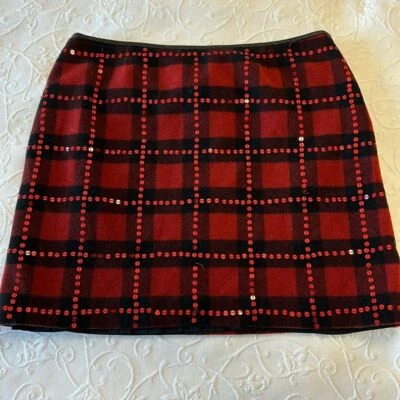 Nine West 格子迷你裙羊毛混纺红色黑色亮片装饰 14 码 — 第 1/4 张图片