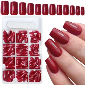 240pcs Red Press on Nails Medium Square Fake Nails Glossy Acrylic Press on Na... - Picture 1 of 6