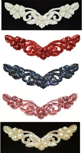 Vintage Sequin & Bead Applique NOS 15 x 3" Band Collar V Shape 3 Flower Scroll - Picture 1 of 7