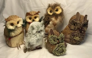 Group of Decorative Owls Paper Mache and Real Feathers all Six Owls - Picture 1 of 9