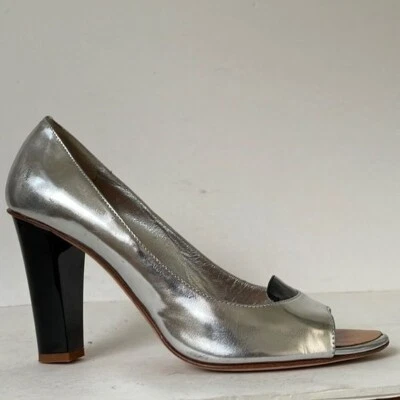 Zapatos de tacón de cuero Giuseppe Zanotti para mujer metálicos con punta abierta talla 38,5 US8,5M Foto 1 de 4