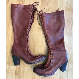 Vintage steampunk brown leather lace zipper tall heeled Frye boots mic toe Sz 7B - Picture 1 of 10