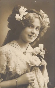 Victorian Style Jugendstil Woman with Bows in Her Hair RPPC B27 - Picture 1 of 2
