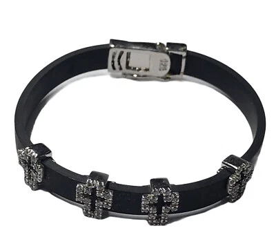 6.75”Vintage black rubber bracelet with sterling 925 silver Crose and cluster Cz - Image 1 of 4