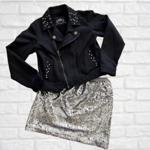 Justice Jacket 16 Girls Black Moto Motorcycle Zipper Rhinestones Silver Cropped - Picture 1 of 8