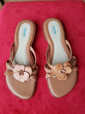 Nicole Cool Brown Leather Floral Braid Strap Sandals Slides Women Size 8 M Flats - Image 1 of 4