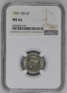 Fiji 6 Pence 1941 NGC MS 62 - Picture 1 of 2