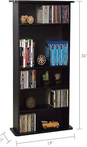 Black Wooden 5 Tier Media Rack CD DVD Blu-Ray Holder Storage Organizer Shelves