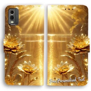 Personalised Text Wallet Phone Cover For HTC Series - Sunray Gold Flower - Picture 1 of 1