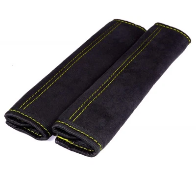 2x Gurtschoner Schwarz weich samt Naht Gelb Gurtpolster Schoner Sicherheitsgurt - Bild 1 von 2